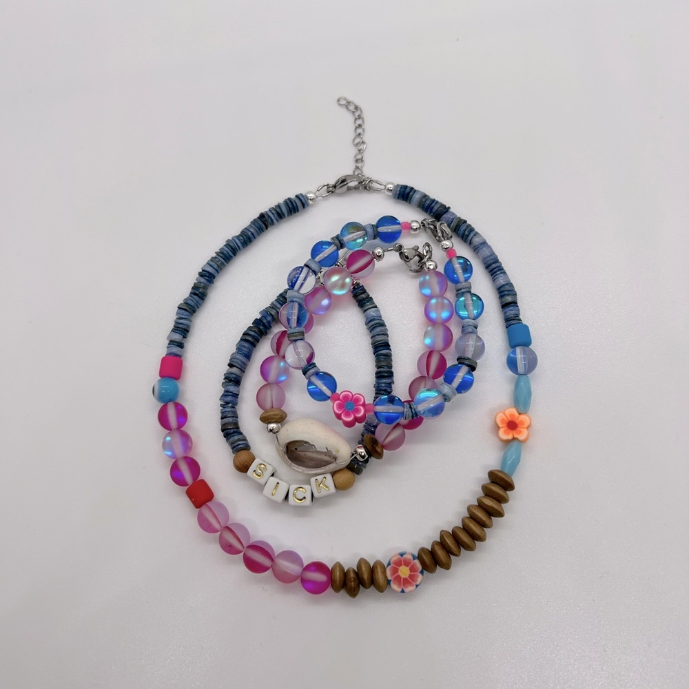 Sick handmade beaded bracelets set of 3 with matching extendable choker